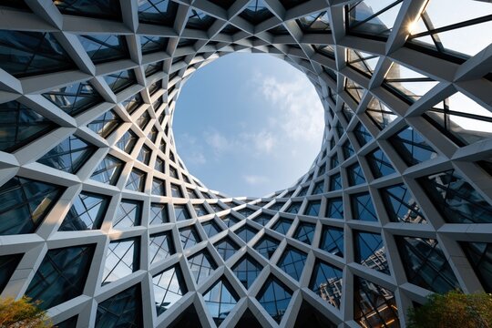 Circular lattice atrium opening to sky with geometric facade for architectural background and modern poster design