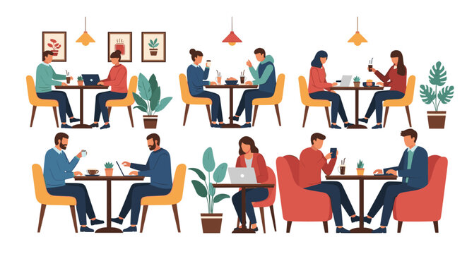 People working and socializing in a cozy cafe setting using laptops, drinking coffee, and engaging in collaborative business meetings.