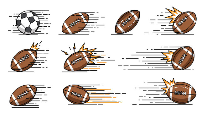 Dynamic set of footballs and soccer balls in motion with speed lines and explosion effects to represent high energy and fast play.