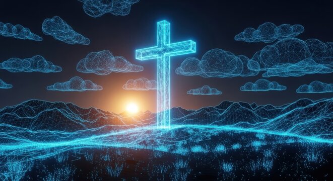 A blue cross in front of a sunset