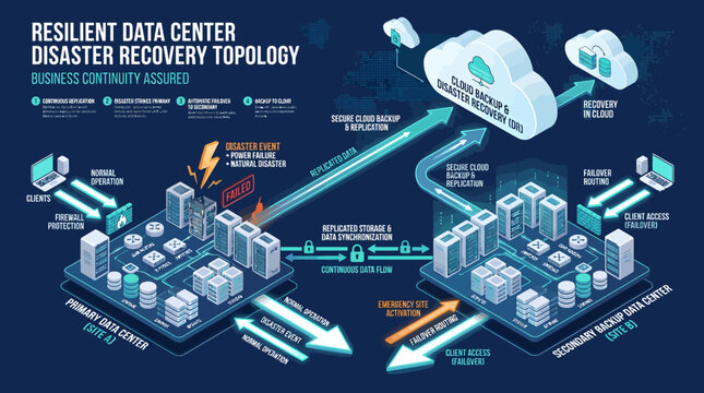 Resilient data center disaster recovery topology ensures business continuity assured with secure servers.