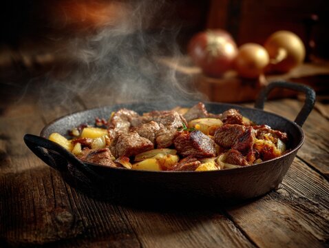 Traditional Kazakh Kuyrdak Fried Meat with Potatoes in Cast Iron Pan, Rustic Central Asian Food