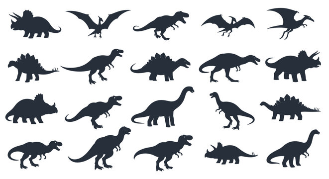 Comprehensive set of black dinosaur silhouettes featuring iconic species like Tyrannosaurus Rex, Triceratops, Stegosaurus, and Pterodactyl.