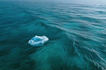 Naklejka premium Single translucent plastic bag drifting on open ocean waves for marine pollution awareness poster and environmental campaign background design