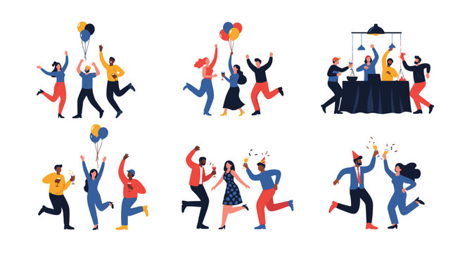 Diverse groups of happy people celebrating together at a festive party with balloons, drinks, and dancing in a flat style.