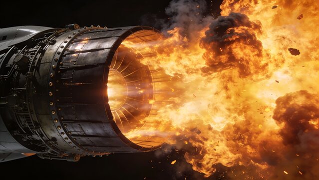 Powerful jet engine nozzle ejecting a massive burst of intense orange flames and thick dark smoke in this dramatic and high energy close up action photo