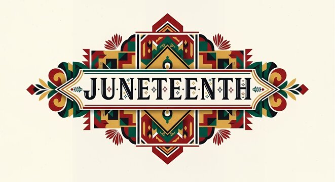 Decorative Juneteenth graphic with traditional geometric patterns.