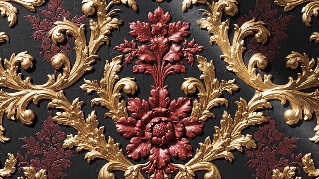 Ornate floral pattern with gold and red accents on dark background