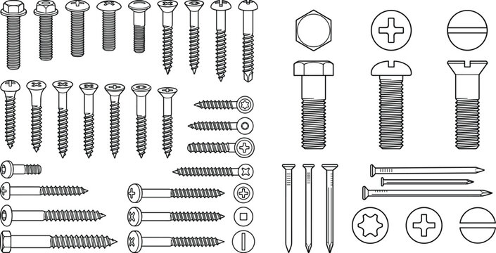 Screws bolts nails and fastener head types vector hardware collection with industrial engineering elements isolated