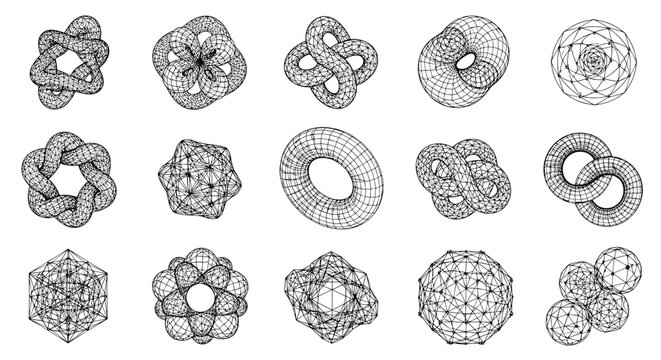 Complex collection of geometric 3D wireframe shapes and mathematical knot designs on a plain white background.