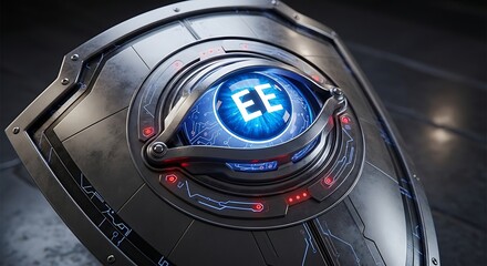 Obraz premium Close-up of futuristic robotic eye with glowing blue interface and ee logo