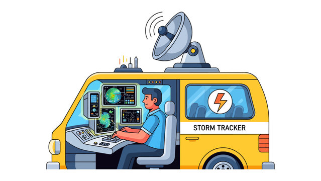 Storm Chaser's Command Center: A dedicated meteorologist operates from a high-tech storm tracker vehicle, monitoring weather patterns on multiple screens and a satellite dish.
