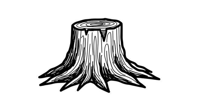 Hand-drawn tree stump with roots, isolated on white background