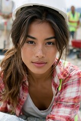 Obraz premium Closeup portrait of young female construction worker wearing a hard hat and flannel shirt for construction site background and workforce banner