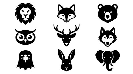 Obraz premium Black silhouettes of various animal heads on white background for logos and icons