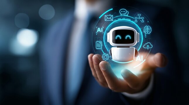 AI agent with holographic robot assistant surrounded by digital Workflow Automation concept icons showing generative AI, functions digital business productivity and holographic robot assistant