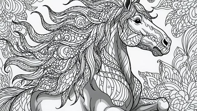 Intricate horse illustration detailed line art for coloring and design