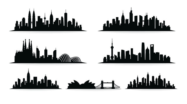 City skylines and famous landmarks in black silhouette for urban and travel concepts