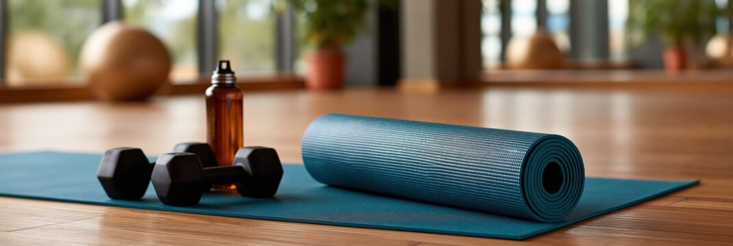 Folded yoga mat with dumbbells and water bottle on wooden studio floor for fitness studio background and wellness banner design