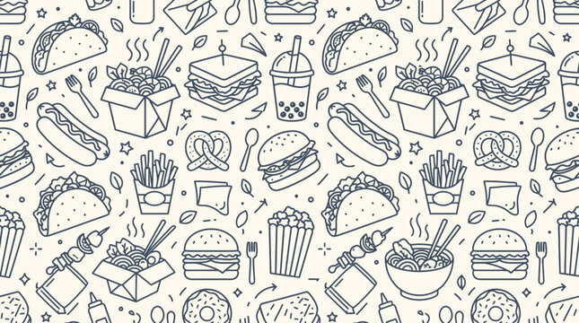 A variety of fast food items are illustrated in a seamless pattern on a white background.