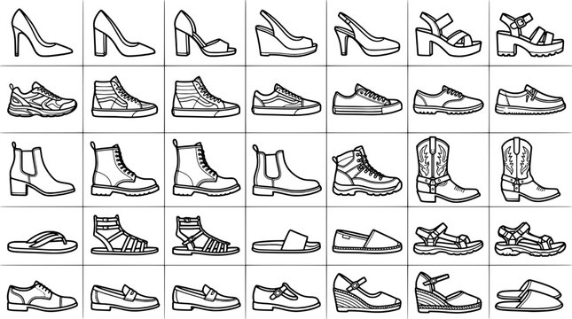 Shoes sneaker footwear icon set with multiple lace styles and side view outlines on clean grid featuring sneakers, shoe icons, boot with booties and