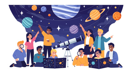 Stargazing Adventure: A diverse group of children, accompanied by an adult, marvel at the cosmos, pointing at planets and stars while a telescope stands ready for cosmic exploration. © abidakhatun