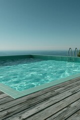 Obraz premium Minimalist infinity pool with sea view and wooden deck for serene travel background and wallpaper design
