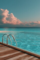 Fototapeta premium Sunset pool with dramatic pink clouds over turquoise water and wooden deck for dreamy relaxation background and wallpaper