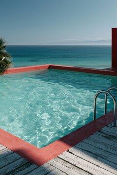 Seaside infinity style swimming pool with red coping and ocean view for travel wallpaper and resort banner design