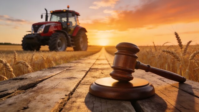 A wooden judge gavel rests on a rustic wooden path in a wheat field with a large red tractor visible in the distance during sunset light