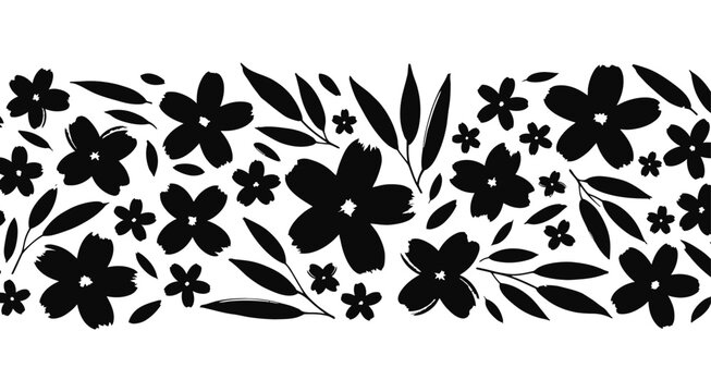 Seamless border of black silhouette flowers and leaves isolated on white background for decorative graphic design