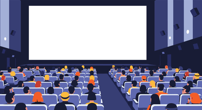 Large group of people sitting in a dark movie theater watching a blank white screen during a cinema screening.