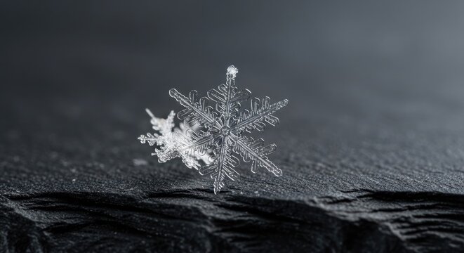 Close-up of a delicate snowflake on a dark surface.