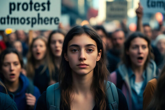 A young woman with long dark hair looks directly at the camera amidst a blurred background of a crowded, protest atmosphere.