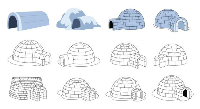 Collection of arctic igloo designs including snow block domes, tunnel entrances, and various line art styles.