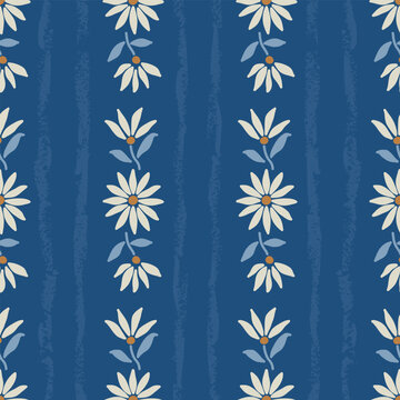 Seamless floral pattern with white daisy flowers and textured vertical stripes on deep blue background. Modern hand drawn botanical design featuring minimalist flowers and subtle grunge texture in Sca