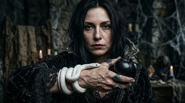 Mysterious witch holding a snake and black apple