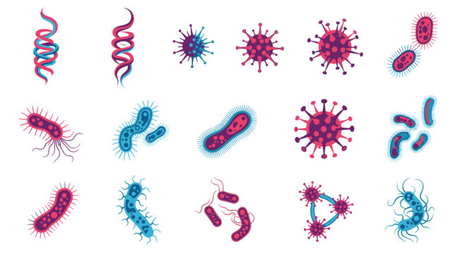 Microscopic view models of different viral structures and bacterial organisms including DNA strands and spirillum for medical science studies.
