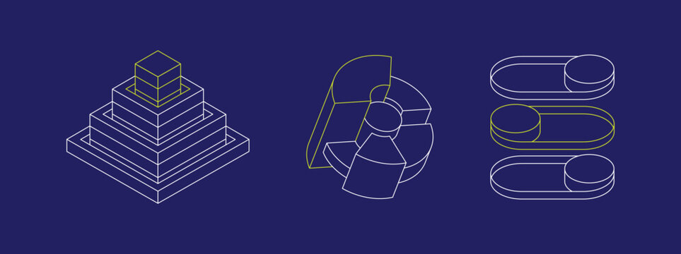 Abstract isometric line art geometric composition. Modular blocks, cylindrical forms and capsule shapes. Modern technology user interface, minimalist posters, packaging, design assets templates. App