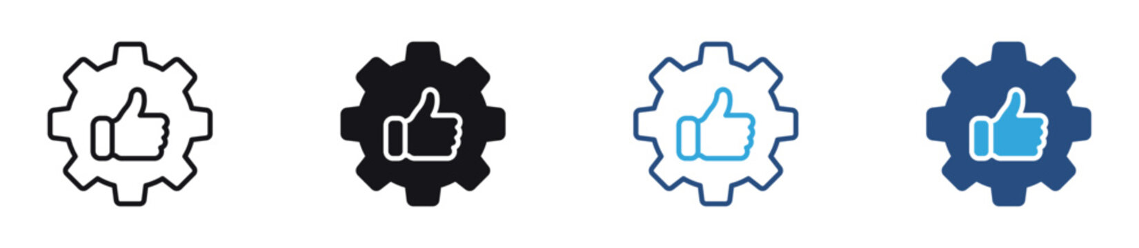 Reliability and Quality Control Icon Set. Gear with thumbs up symbols representing approval, system maintenance, and operational efficiency concept. Vector illustration.