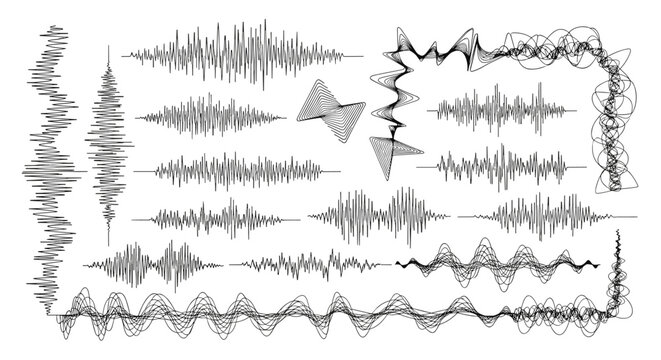 Abstract collection of various sound waves, audio frequencies, and digital signal patterns for music production and technology-related design concepts.