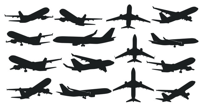 Collection of commercial airplane silhouettes shown from different perspectives including side views and top-down aerial angles.
