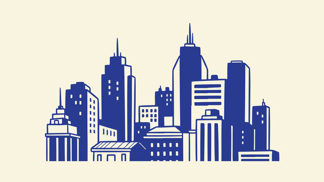 City skyline silhouette with skyscrapers buildings in blue outline.