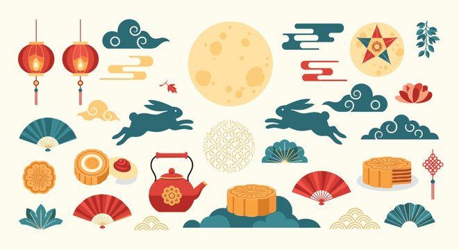 Traditional Mid-Autumn Festival illustrations including jade rabbits mooncakes lanterns clouds and decorative elements on a light background.