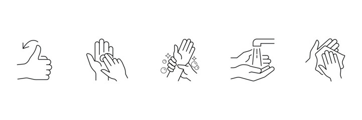 Obraz premium Hand washing steps line icons vector set for hygiene guidance and skin protection illustration.