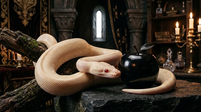 Albino snake coiled around dark apple on stone