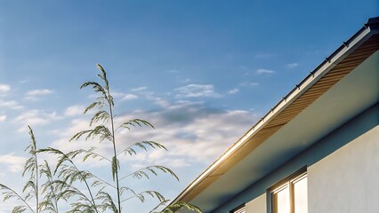 Fototapeta premium Modern House Roof With Tall Ornamental Grass Under Clear Sky