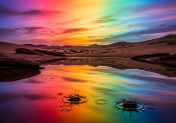 Obraz premium Vibrant rainbow reflected in still water with desert landscape at sunset