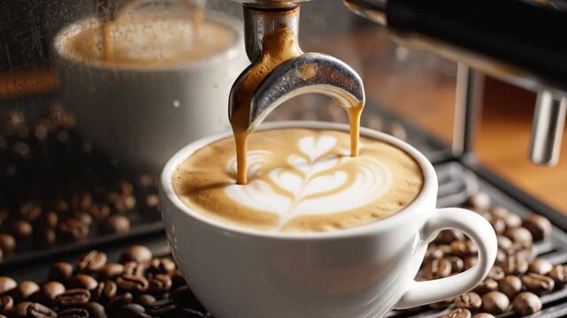 Close-up of latte with art and espresso machine with coffee beans
