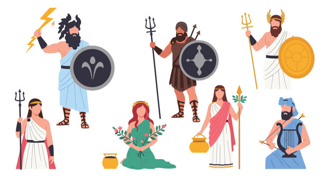 Illustrations of various ancient Greek gods and goddesses like Zeus Poseidon and Athena shown with their traditional attributes and symbols.